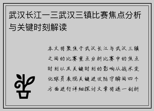武汉长江一三武汉三镇比赛焦点分析与关键时刻解读